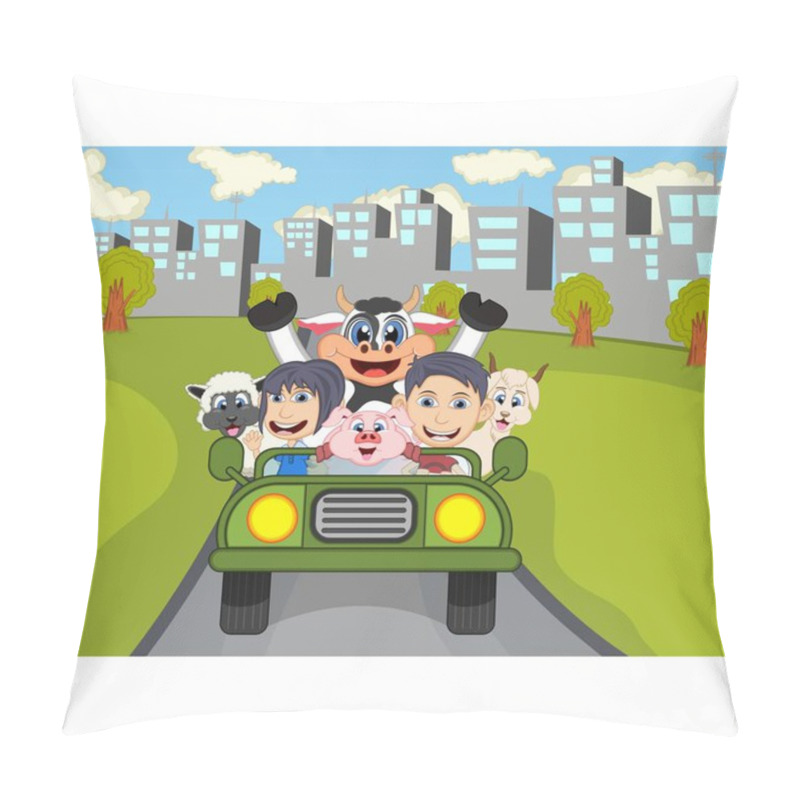 Personality  Happy Child, Cow, And Sheep On A Car With City Background Cartoon Vector Illustration Pillow Covers