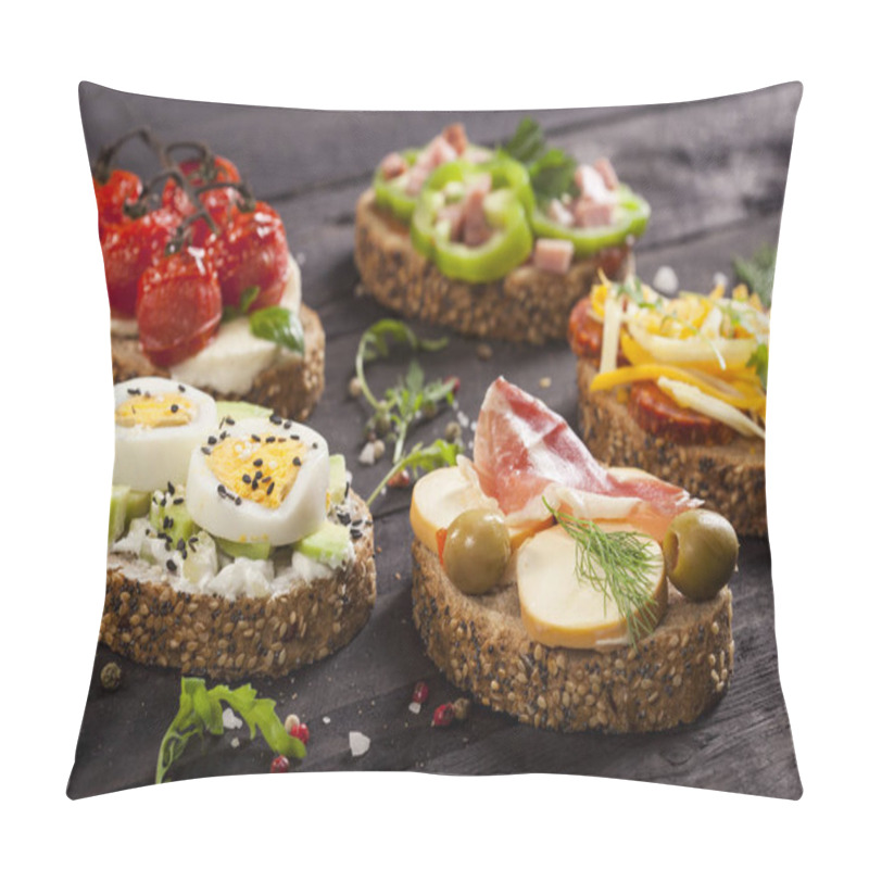 Personality  Set Of Different Bruschettas On Dark Wooden Table. Pillow Covers