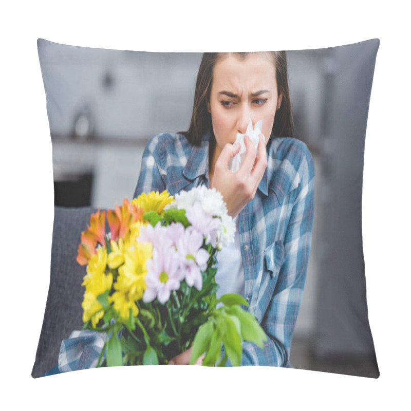 Personality  Girl With Allergy Holding Facial Tissue And Looking At Flowers  Pillow Covers