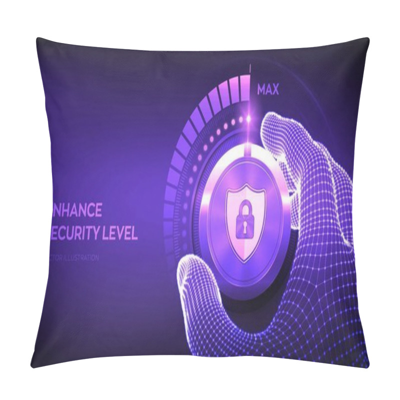 Personality  Cyber Security Levels Knob Button. Increasing Data Protection Level. Wireframe Hand Turning A Secure Test Knob To The Maximum Position. Information Or Network Security Concept. Vector Illustration. Pillow Covers