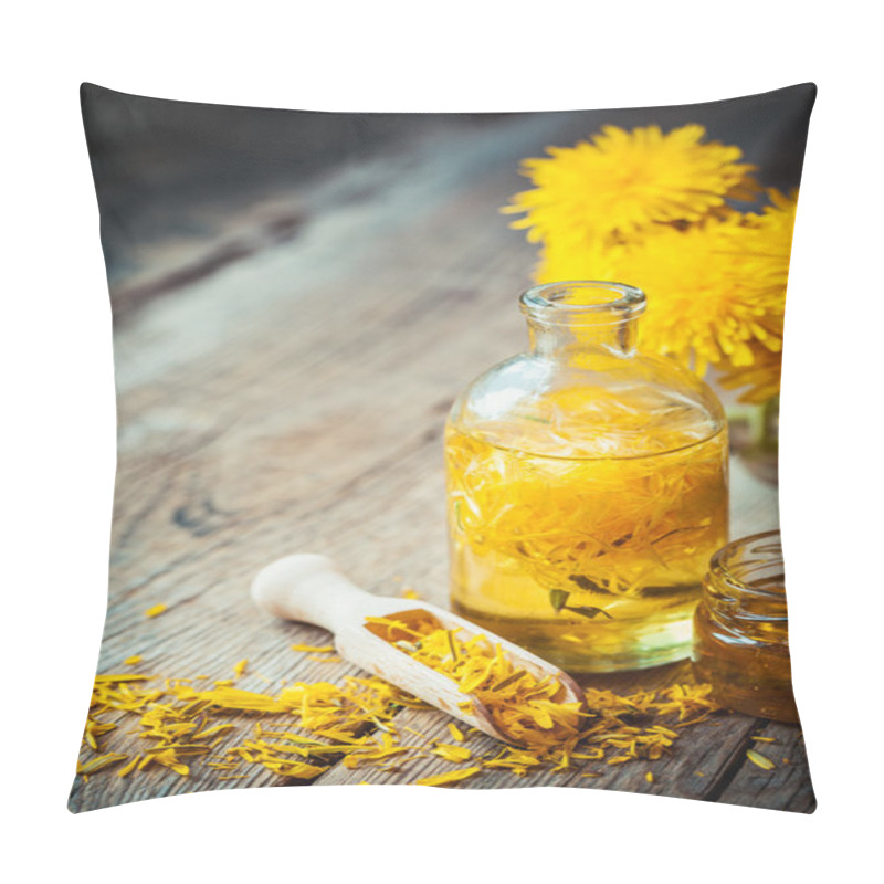 Personality  Bottle Of Dandelion Tincture Or Oil, Flower Bunch And Honey  Pillow Covers