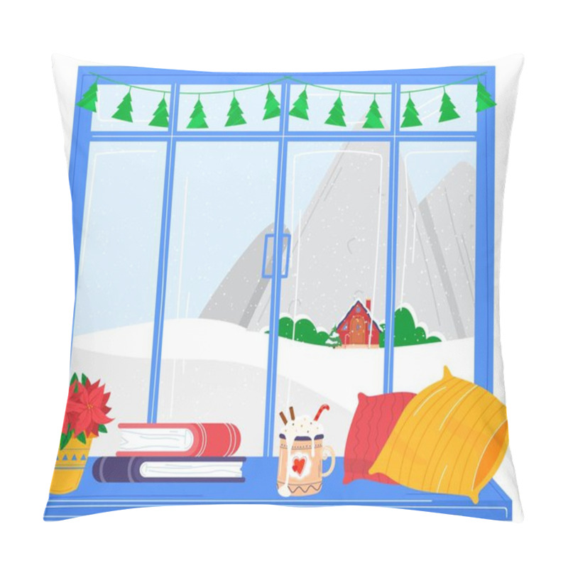 Personality  Joyful Celebration Christmas, White Snow Outside Window, Winter Mood, Cozy Home, Design Cartoon Style, Vector Illustration. Pillow Covers