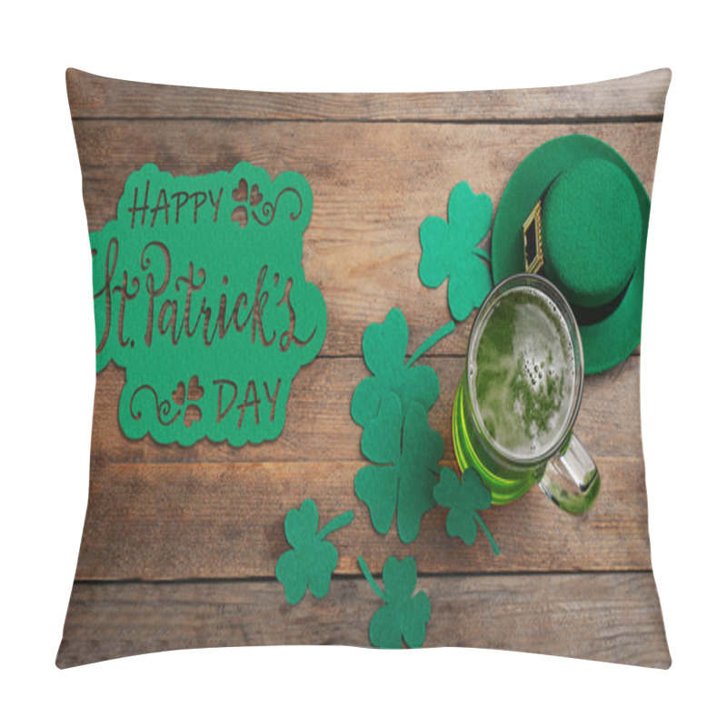 Personality  Green Beer, Hat And Clover Leaves On Wooden Table, Flat Lay. St. Patrick's Day Celebration Pillow Covers