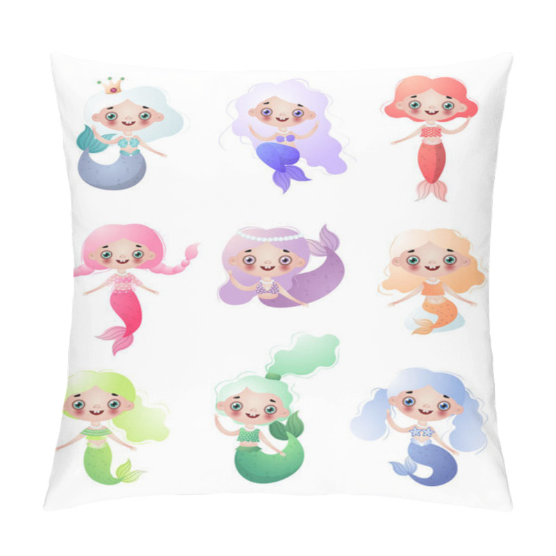 Personality  Flat Set Of Cute Mermaids Girls Isolated On White Background Pillow Covers