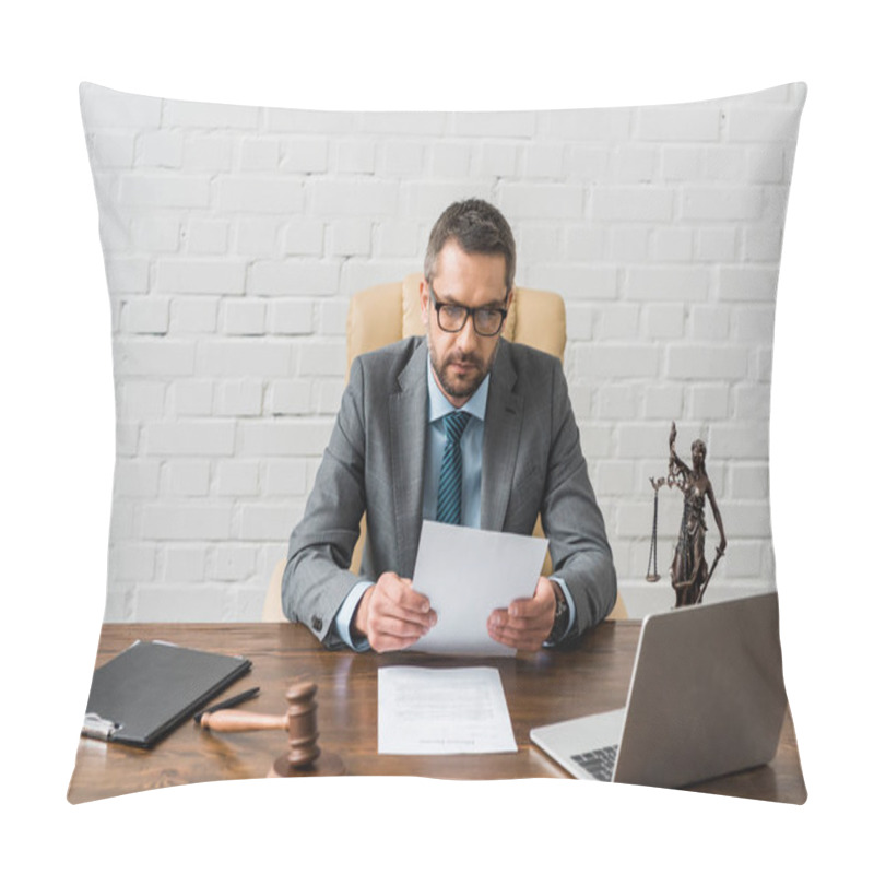 Personality  Serious Male Judge Working With Papers And Laptop In Office  Pillow Covers