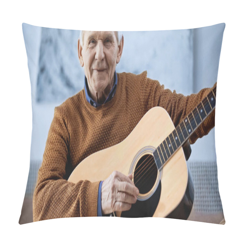 Personality  Cheerful Elderly Man Sitting On Sofa With Guitar In Living Room  Pillow Covers