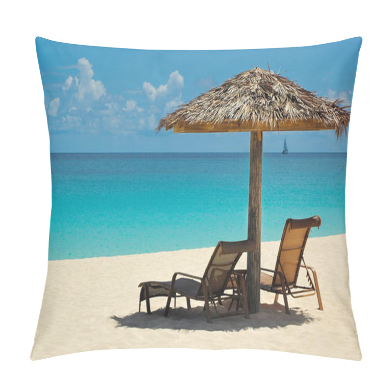 Personality  Very Relaxing Tranquil Caribbean View With A Thatch Umbrella And Chaise Lounge Pillow Covers