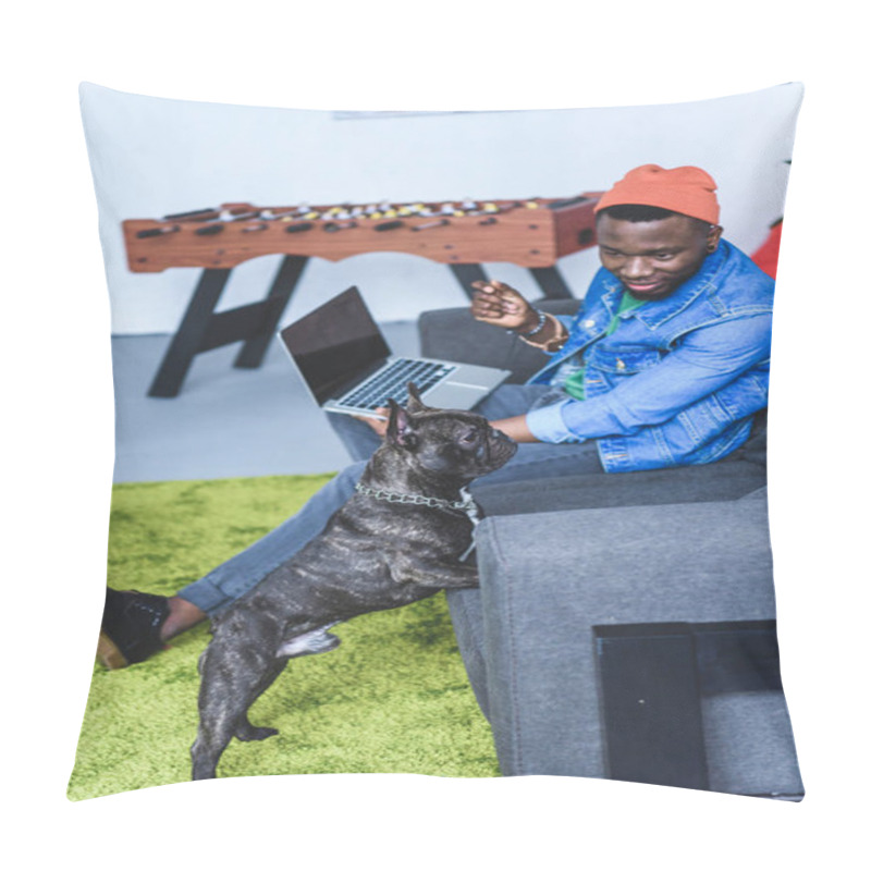 Personality  French Bulldog By African American Man Sitting On Sofa With Laptop Pillow Covers