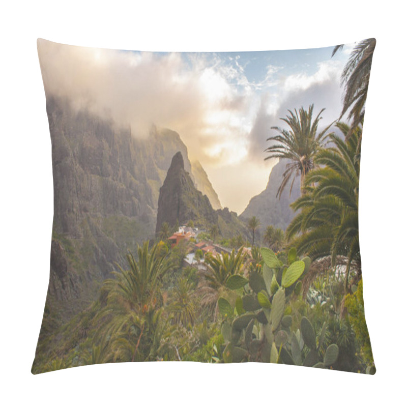 Personality  Stunning Landscape Mountain Village In  Deep Canyon With Jungle Forest On A Paradise Island. Beautiful Golden Hour Sunrise Sunset Soft Light. Travel Photo, Postcard. Masca, Tenerife, Canary Islands Pillow Covers