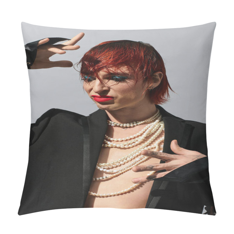 Personality  A Young Man With Vibrant Red Hair And Bold Makeup Presents A Striking Fashion Statement. Pillow Covers