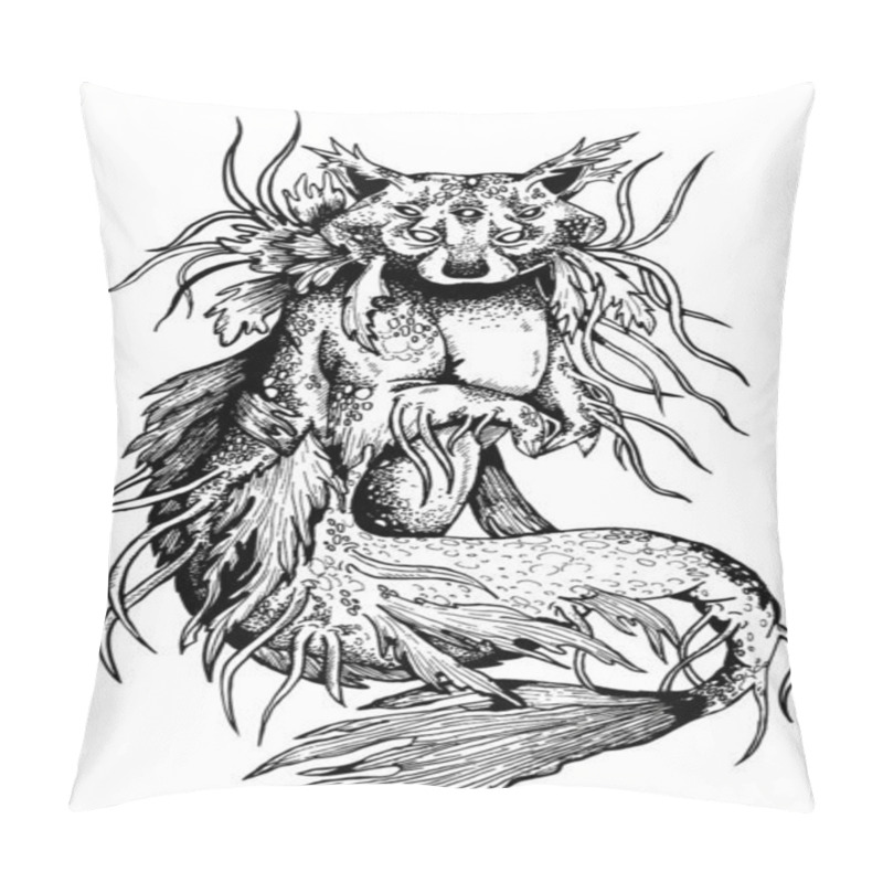 Personality  Magic Isolated Character, Fairytale Dark Creature, Mysterious Sea Raccoon With Long Fish Tail And Tentacles, Marine Animal With Fins All Over Body, Scale And Seaweed, With Bent Paws And Tail. Pillow Covers