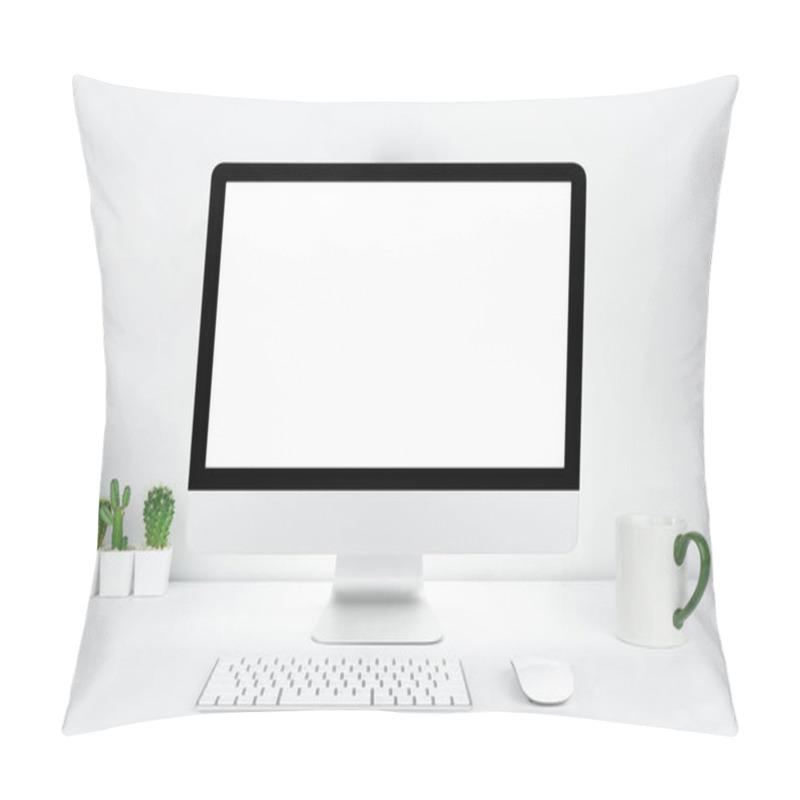 Personality  Computer With Blank White Copy Space For Text, Mockup Design Desktop Computer In Office On White Table With Keyboard And Coffee Cub, Work Place Concept, Cactus In Pot. Pillow Covers