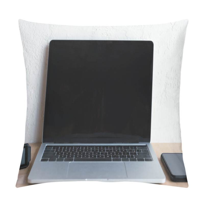 Personality  Laptop With Blank Screen, Smartwatch And Smartphone On Table Pillow Covers