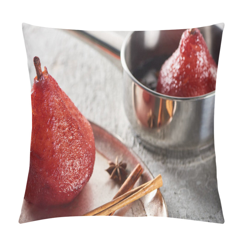 Personality  Selective Focus Of Delicious Pear In Wine In Stewpan And On Silver Plate With Cinnamon And Anise On Grey Concrete Surface Pillow Covers