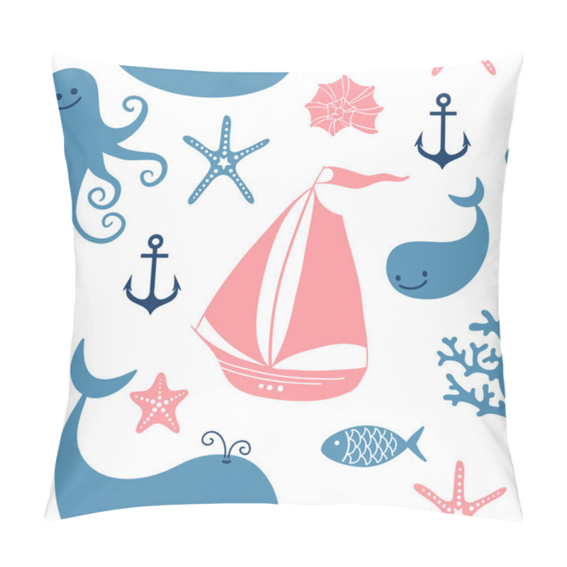 Personality  Seamless Pattern With Cute Whales, Sailing. Pillow Covers