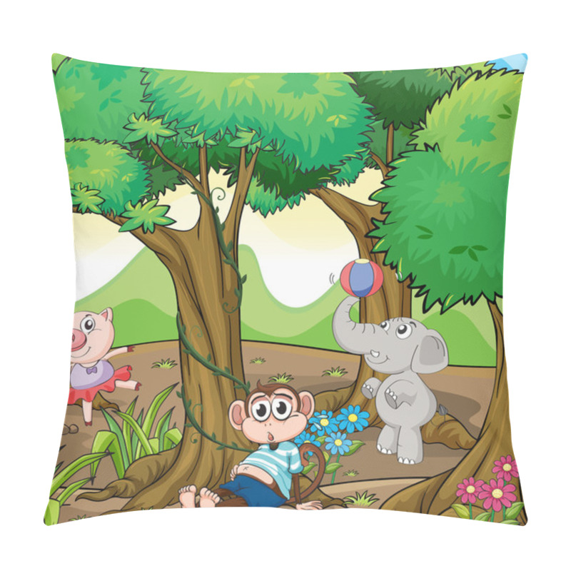 Personality  Three Different Kinds Of Animals Playing At The Forest Pillow Covers