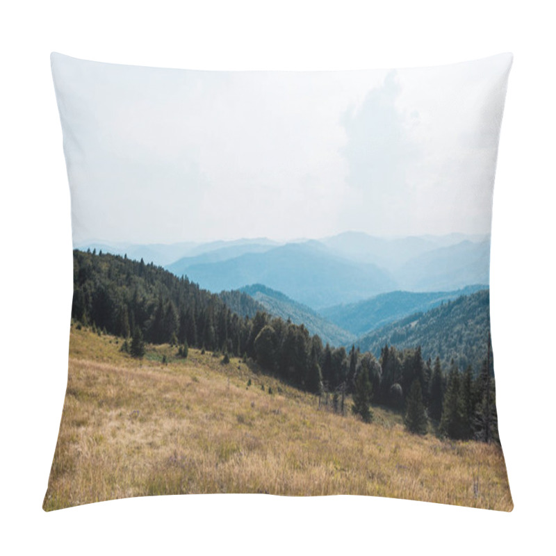 Personality  Golden Meadow In Mountains With Green Trees Against Sky Pillow Covers