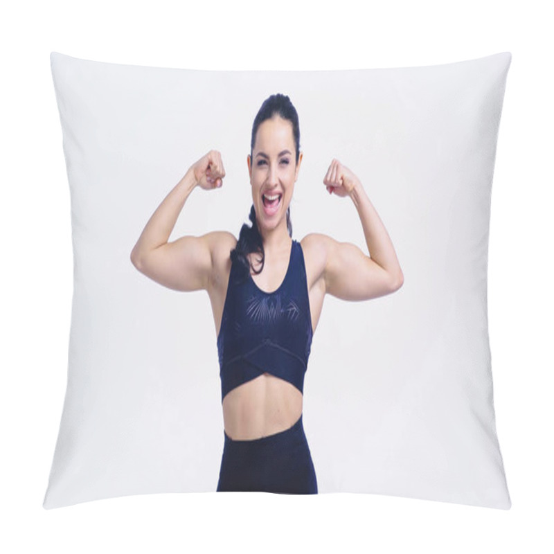 Personality  Cheerful Sportswoman Showing Muscles Isolated On White Pillow Covers