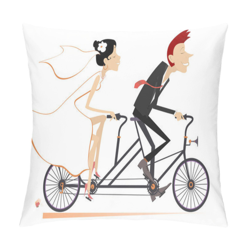 Personality  Heterosexual Married Wedding Couple Rides On A Tandem Bike Illustration. Happy Man And Woman In The White Dress And Bridal Goes Marriage On The Tandem Bike Isolated On White Pillow Covers