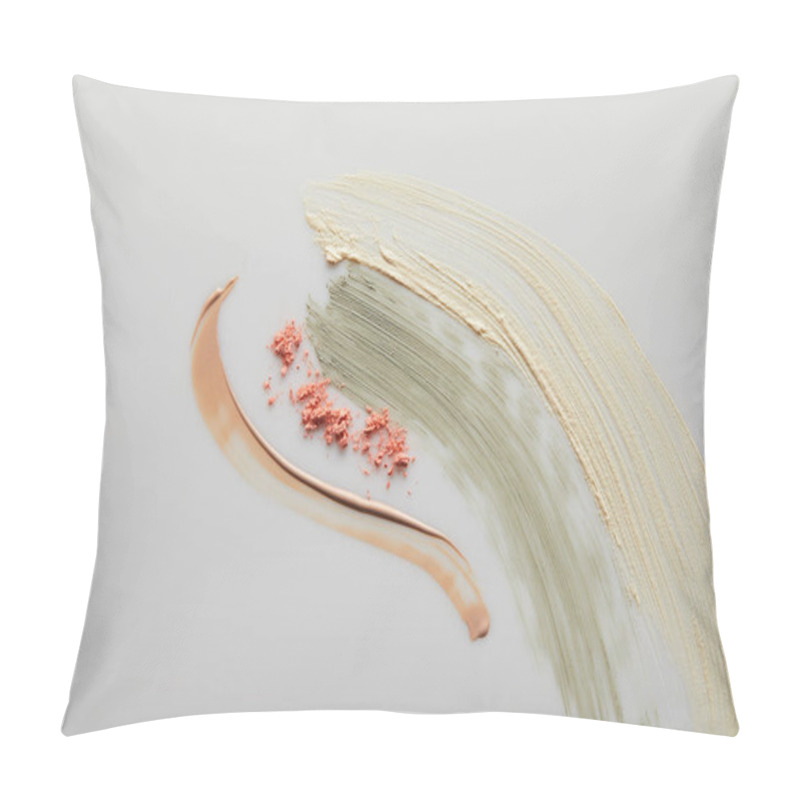 Personality  Top View Of Tone Cream And Cosmetic Clay Brushstrokes With Blusher On Grey Background Pillow Covers