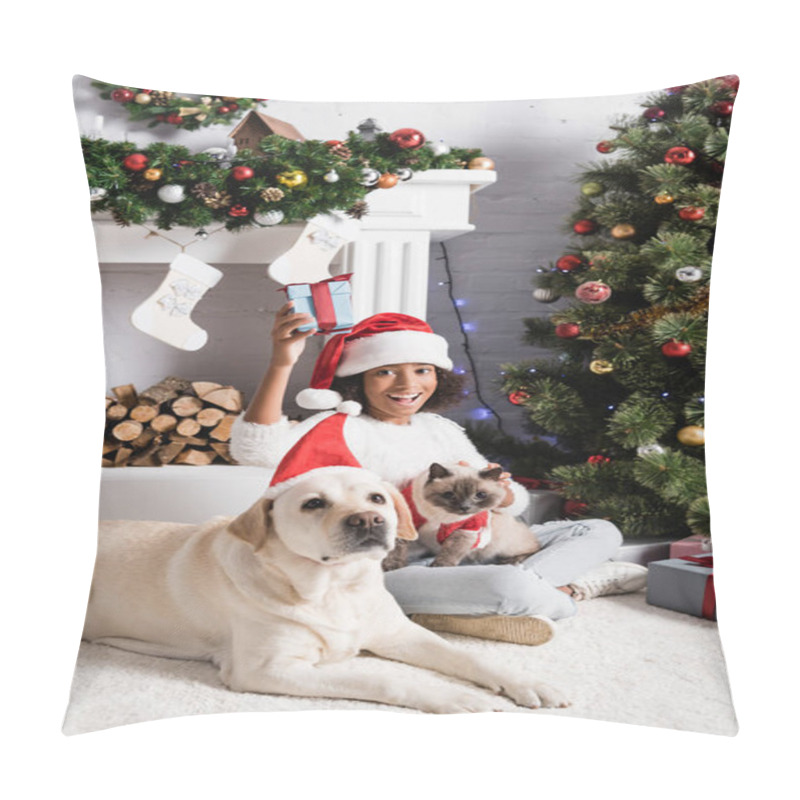 Personality  Excited African American Girl Holding Gift Box While Sitting Near Christmas Tree With Fluffy Cat And Labrador Dog  Pillow Covers