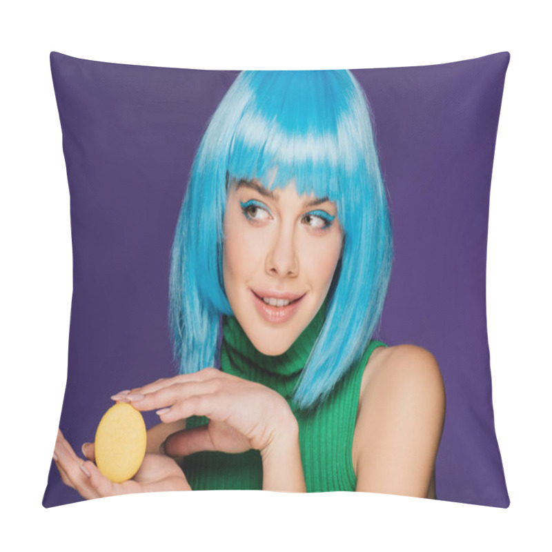 Personality  Smiling Young Woman In Blue Wig Posing With Yellow Macaron Isolated On Purple Pillow Covers