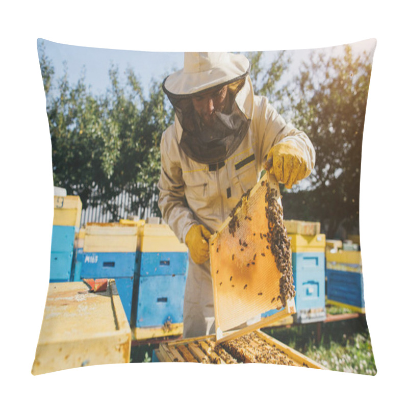 Personality  Portrait Of A Happy Male Beekeeper Working In An Apiary Near Beehives With Bees. Collect Honey. Beekeeper On Apiary. Beekeeping Concept. Pillow Covers