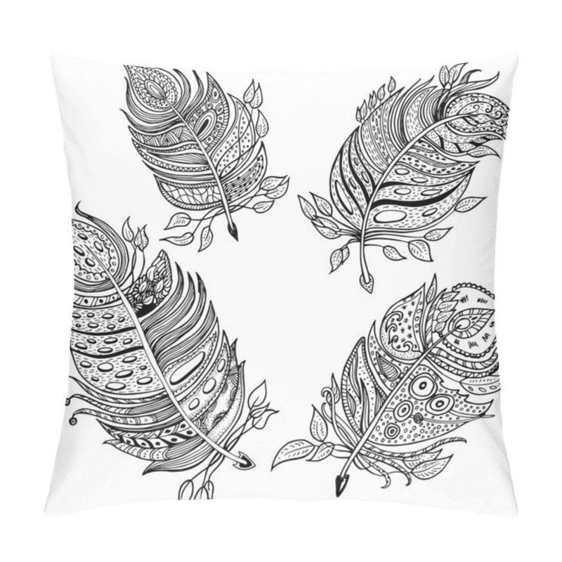 Personality  Hand Drawn Line Art Of Feathers With Ornaments Pillow Covers