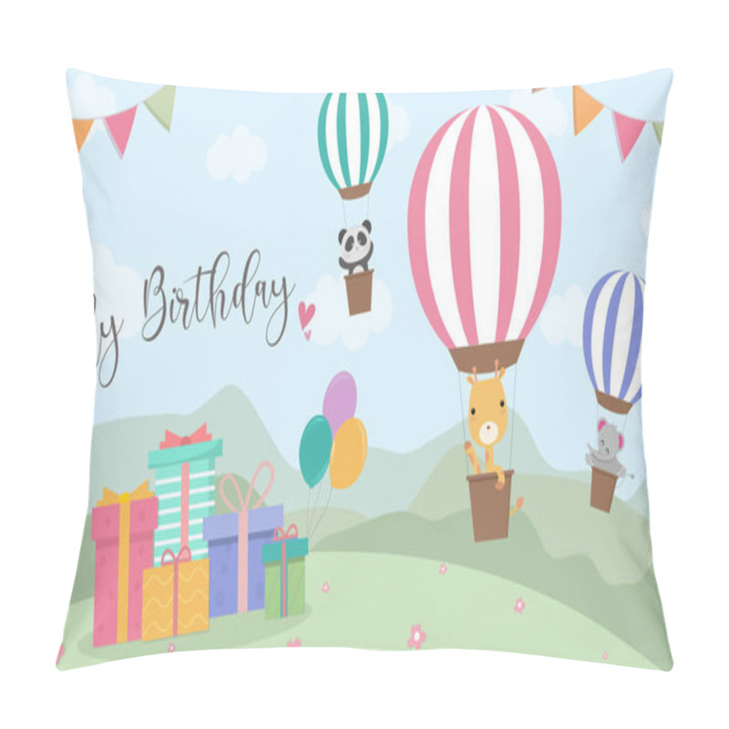 Personality  Happy Birthday Cartoon Card With Air Balloons,Vector Illustration,Birthday Greeting Cards With Cute Animals,Funny Animals On Hot Air Balloon Pillow Covers