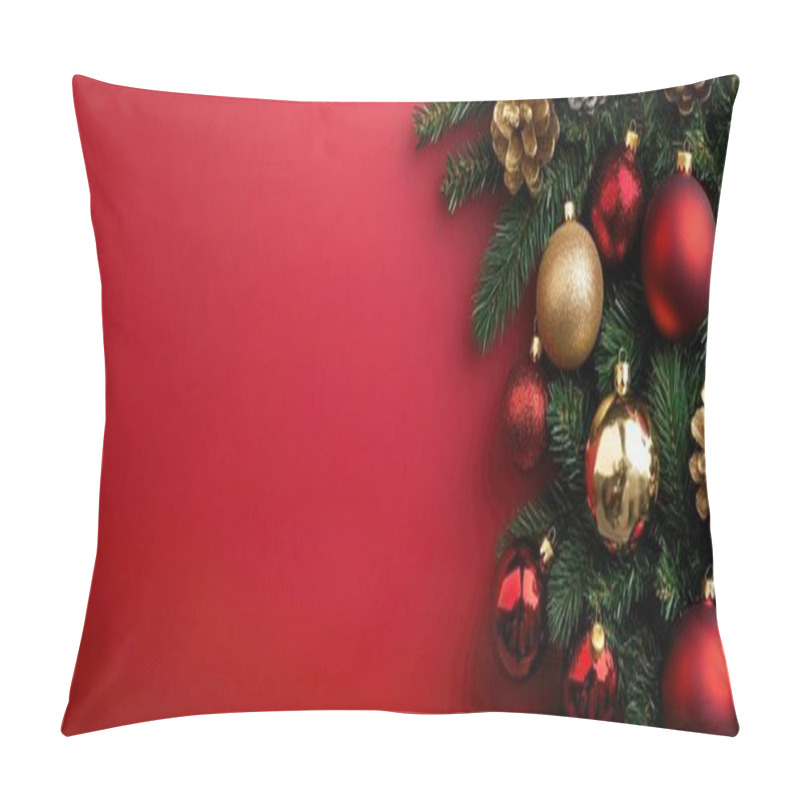 Personality  Festive Christmas Decorations With Red And Gold Ornaments On A Vibrant Red Background. Pillow Covers