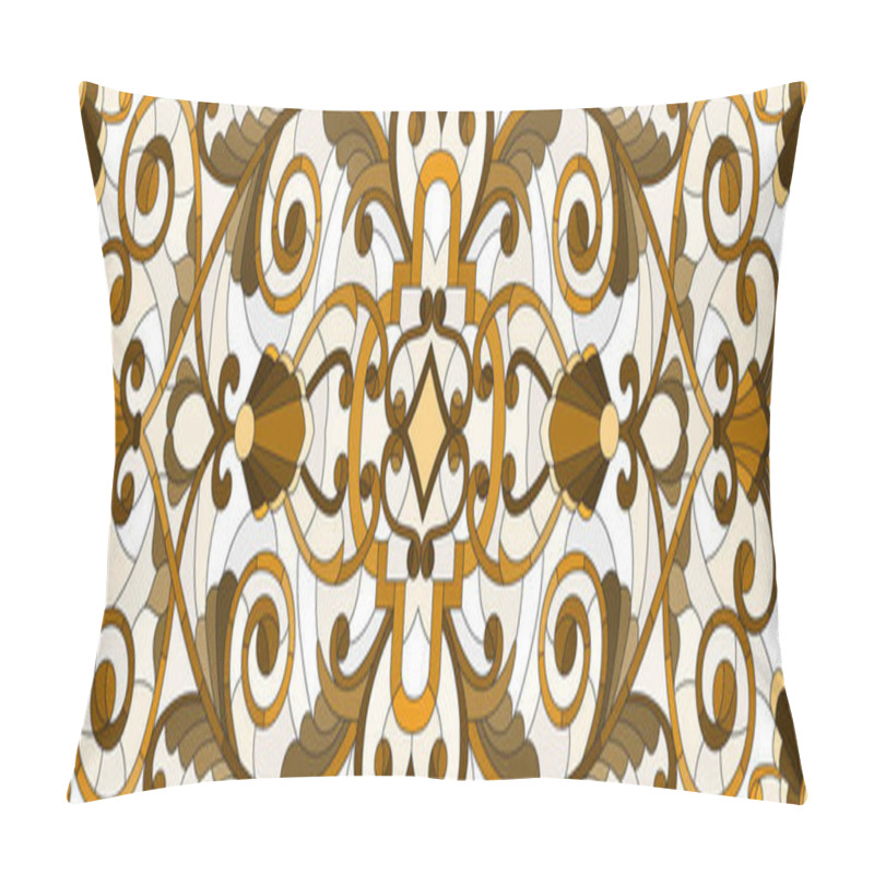 Personality  Illustration In Stained Glass Style With Abstract  Swirls ,flowers And Leaves  On A Light Background,horizontal Orientation, Sepia Pillow Covers