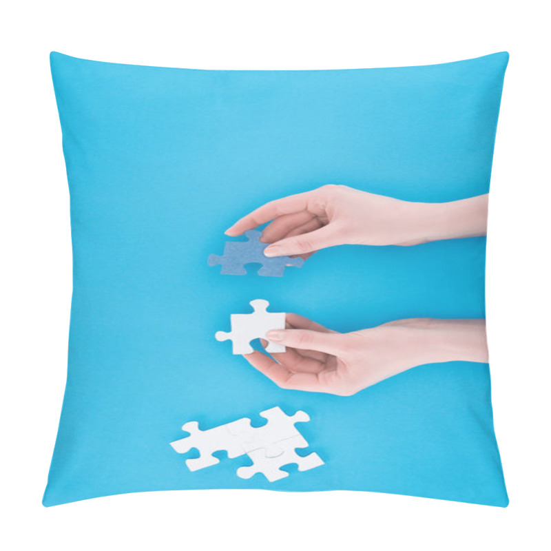 Personality  Cropped Image Of Businesswoman Assembling Blue And White Puzzles Isolated On Blue, Business Concept Pillow Covers