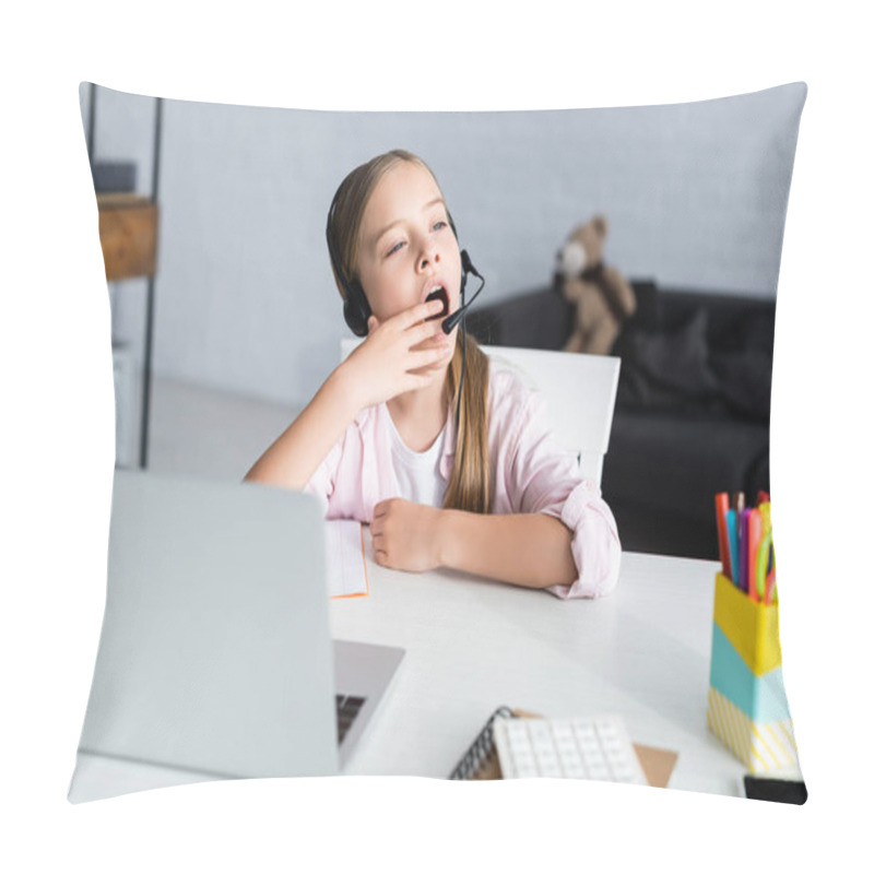 Personality  Selective Focus Of Sleepy Kid In Headset Yawning During Electronic Learning At Home  Pillow Covers