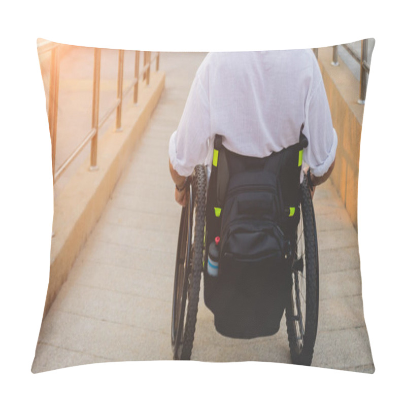 Personality  Disabled Man In A Wheelchair Moves On A Ramp To The Beach. Pillow Covers