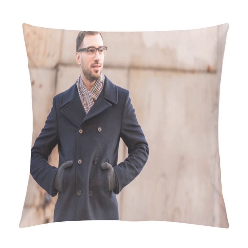 Personality  Handsome Man Standing With Hands In Pockets Near Rustic Metal Wall Pillow Covers