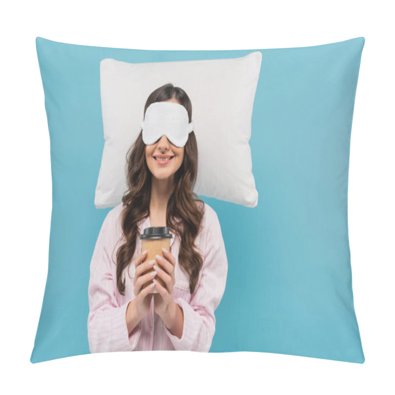 Personality  Pleased Woman In Pajamas And Night Mask Holding Paper Cup With Coffee To Go Near White Pillow Isolated On Blue Pillow Covers