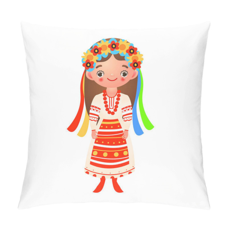 Personality  Ukrainian Girl In Traditional Folk Dress With Ribbons And Flowers. Vector Illustration In Flat Cartoon Style. Pillow Covers