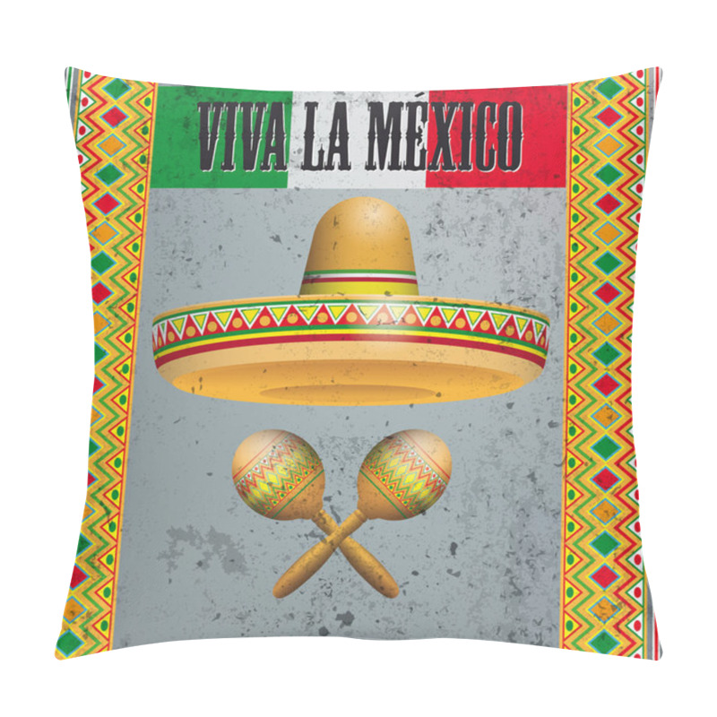 Personality  Concrete Background With Mexican Flag, Ornaments, Sombrero And Text Viva La Mexico Pillow Covers