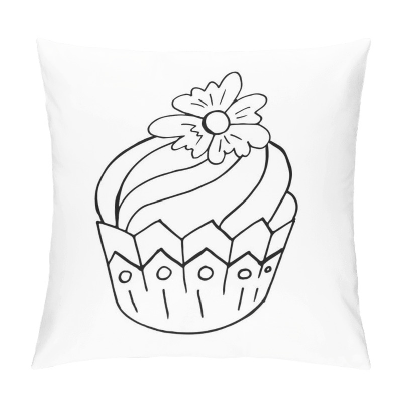 Personality  Cupcake Linear Icon With Flower, Muffin In Hand Draw Style. Vector Illustration For Your Design. Outline Drawing, Coloring Book. Sign Pillow Covers