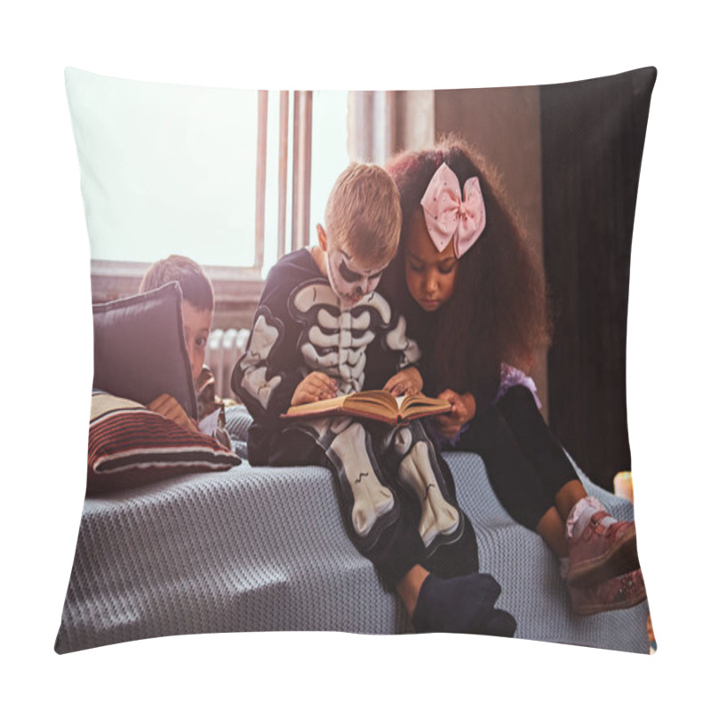 Personality  Three Multiracial Kids In Scary Costumes Reading Horror Stories While Sitting On Bed In An Old House. Pillow Covers