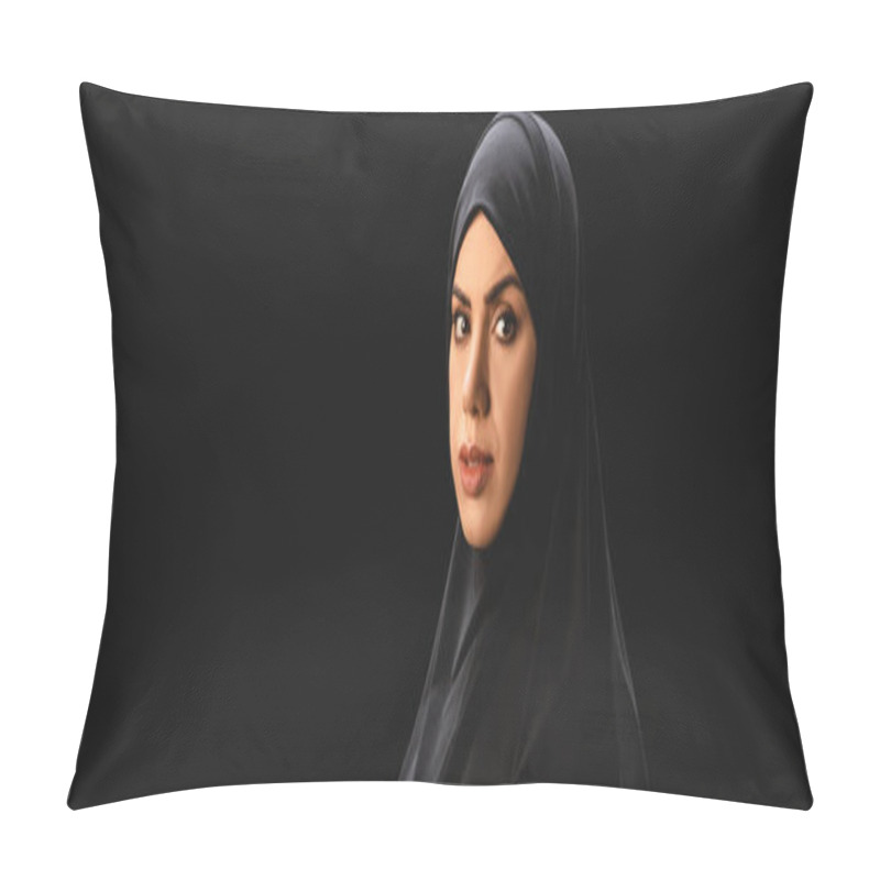 Personality  Panoramic Shot Of Muslim Woman In Hijab Looking At Camera Isolated On Black  Pillow Covers