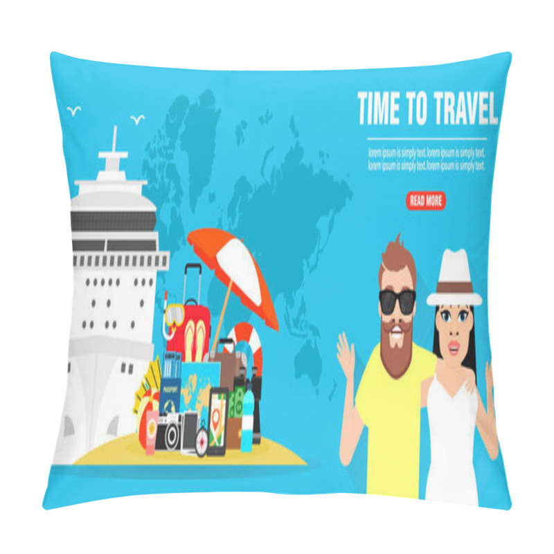 Personality  Time To Travel. Sea Cruise. Journey Of Young Couple Concept Design Flat Banner. Vector Illustration Pillow Covers