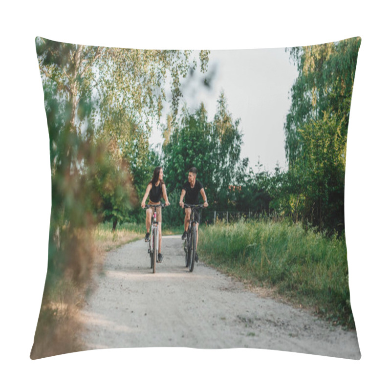 Personality  People, Leisure And Lifestyle Concept - Happy Young Couple Cycling On The Road In Summer Pillow Covers