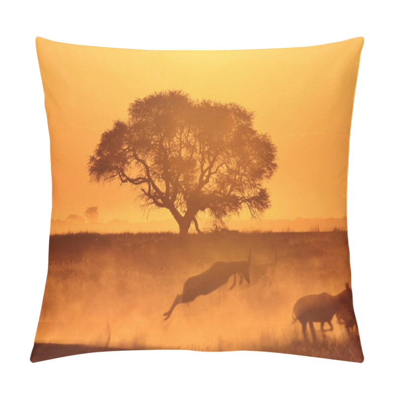 Personality  Silhouettes Of Jumping Gazelles At Misty Golden Sunset  Pillow Covers