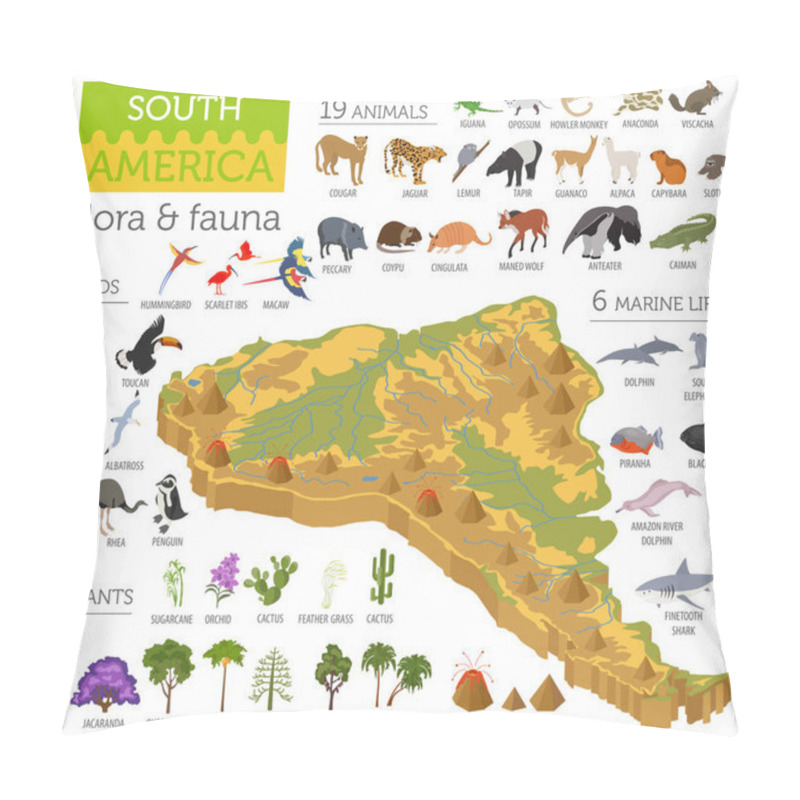 Personality  Isometric 3d South America Flora And Fauna Map Elements. Animals Pillow Covers