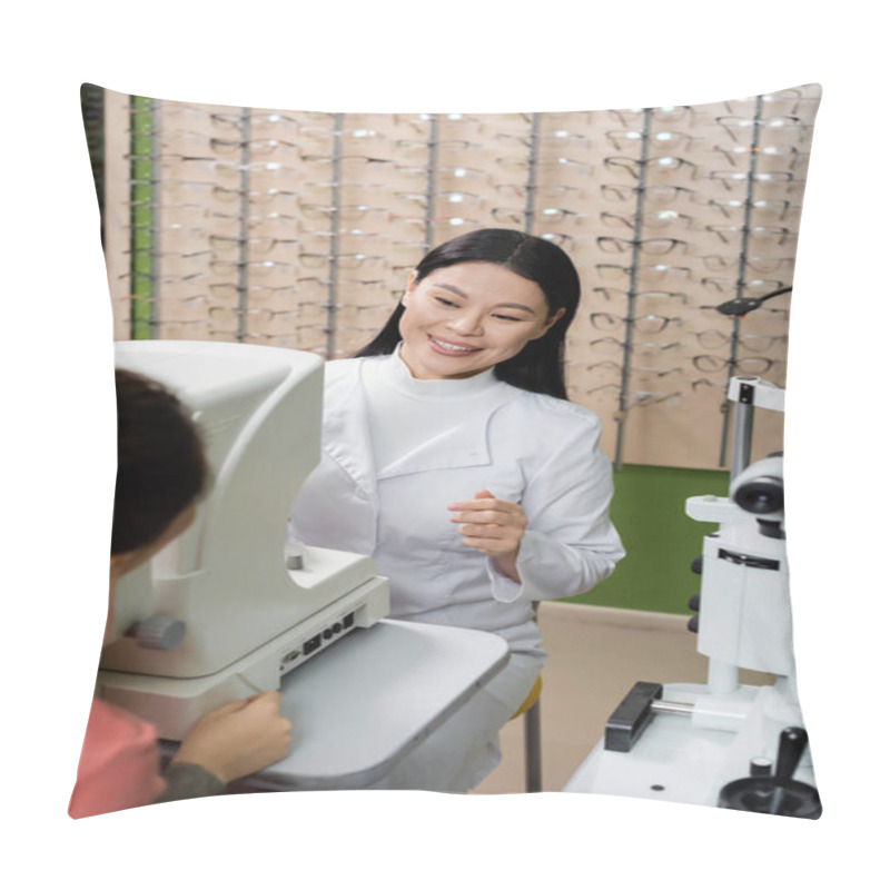 Personality  Smiling Asian Oculist Testing Vision Of Blurred Woman On Ophthalmoscope In Optics Shop Pillow Covers