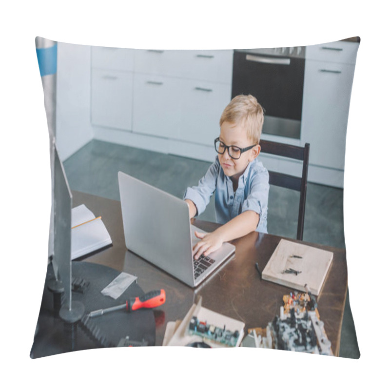 Personality  High Angle View Of Boy Using Laptop At Table With Rocket Model In Kitchen On Weekend Pillow Covers