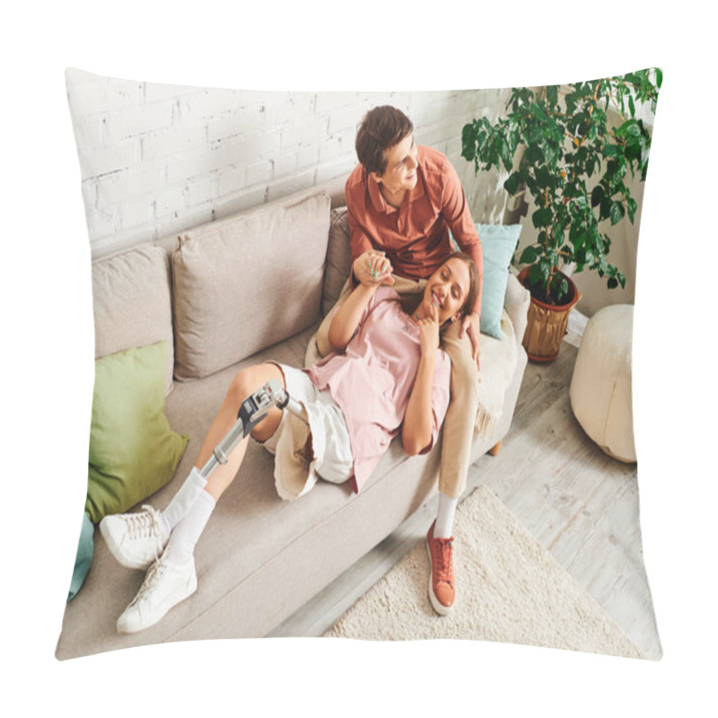 Personality  A Woman With A Prosthetic Leg Rests Comfortably On The Couch With Her Boyfriend. Pillow Covers