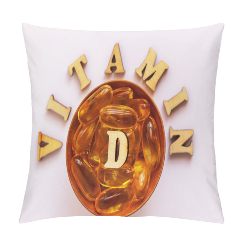 Personality  Yellow Pills Or Tablets In A Small Plate. Vitamin D Words Lined With Wooden Letters. Health Concept. Flat Lay, Copy Space. Pillow Covers