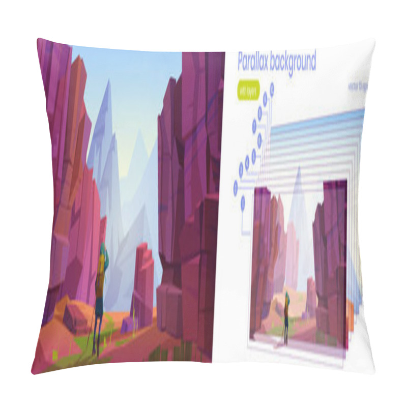 Personality  Parallax Background With Hiker Walks In Canyon Pillow Covers